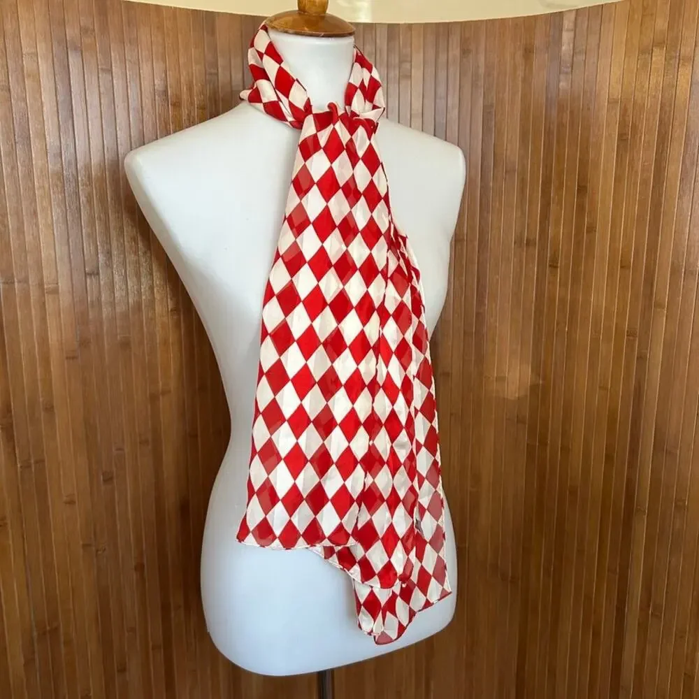 Vintage Adrienne Vittadini Silk Scarf Red White Harlequin Check